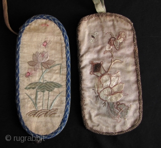 Chinese Antique Silk Embroidered Eye-Glasses Cases: Collection of 5, circa late Qing Dynasty embroidered glass cases. Eyeglasses were always considered a luxury status item, since not everyone who needed them could afford  ...