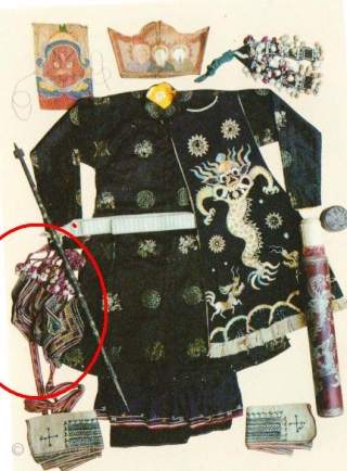 Yao Shaman’s Talismans: Unusual collection of 6 old “prayer cloths” from a Taoist Master’s ceremonial robe (see last enlargement). For generic purpose’s these should be considered to be from the Mien group  ...