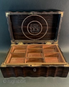 Authentic, Ceylonese British Colonial Era, circa mid-19th century (possibly earlier) rare Calamander wood sewing or jewelry box, with scalloped sides. The inner compartments tray is satin wood, with ebony inlay strips, also  ...