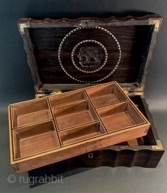 Authentic, Ceylonese British Colonial Era, circa mid-19th century (possibly earlier) rare Calamander wood sewing or jewelry box, with scalloped sides. The inner compartments tray is satin wood, with ebony inlay strips, also  ...