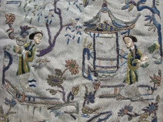 Antique Chinese silk embroidery, sleeve bands from the late 19thC, the figures of ladies are woven in satin stitch, the rest of the sleeves are embroidered in Peking Knot, the so called  ...