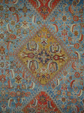 Super Kashkuli carpet ca 1860 approx 8 by 5 feet. The Sky blue field and mustard yellow medallion are as good examples of colour you will ever find. 
Evenly worn this carpet  ...