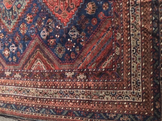 Khamseh main carpet. Size 7’3”x 13’4 very good condition, even wear, one small repair on corner. Supple handle.               