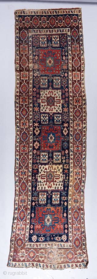 Beautiful shahsavan runner. Complete and almost all original except for a few old repairs. Condition issues as visible , the most serious being a dog pee stain towards the lower right. Very  ...