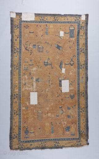 Very interesting early 19th century Ningxia rug with hundred antiques design. Challenged condition as visible. 7'4" x 4'3"               