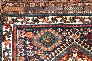Qashqai bagface, very soft and fluffy wool with nice colors. Persian knot open left. Colorful flatwoven fasteners preserved at top, nice pile.           