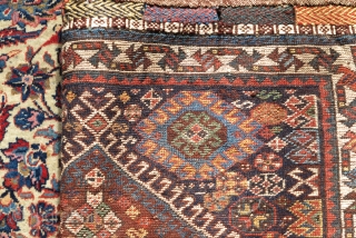 Qashqai bagface, very soft and fluffy wool with nice colors. Persian knot open left. Colorful flatwoven fasteners preserved at top, nice pile.           