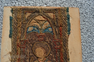 Gothic or renaissance era "English work" embroidery. Silk and metal thread on linen. 12" x 4 1/2".                