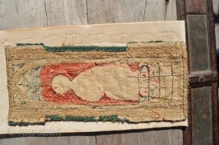 Gothic or renaissance era "English work" embroidery. Silk and metal thread on linen. 12" x 4 1/2".                