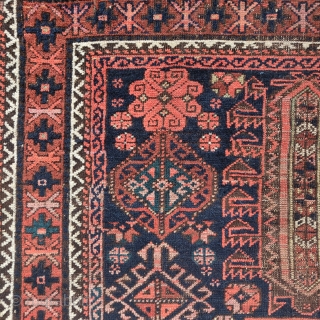 Timuri type Baluch rug with a central Turkmen gul and wonderful ornament. Yes, there is fuchsine in this one. There is also an amazing green and a rare pale yellow. Still a  ...