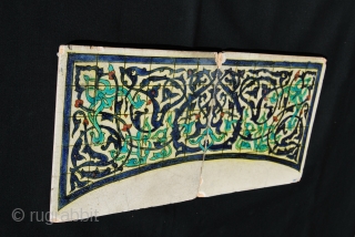 Two lovely glazed tiles with arabesque design. Cm 20x20 each. Probably early 20th century. Earlier? Later? Where from? No idea. Bought in Paris long time ago.       
