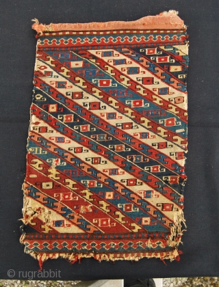 Finest Shahsavan Sumack bag or mafrash end panel. Could be Baku area. Cm 34x52 ca. Datable 1850+/- Great saturated colors. Very fine sumack weaving.         