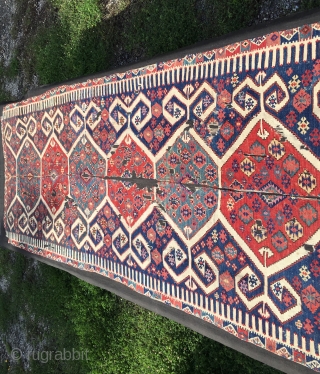Aydin Cine kilim. Size is cm 150x360 ca. Second half 19th century. Professionally mounted on black linen. Gorgeous colors. Fantastic deep madder red, great cochineal pink, indigo blue, light yellow,, etc. Very  ...