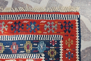Sivas kilim. Cm 100x143. Second half 19th century. A small jewel! Wonderful color combination. Please note also the deep madder orange, it's simply great! Good condition. See more pics here:
http://www.facebook.com/media/set/?set=a.10151084874054258.493384.358259864257&type=1