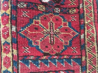 Turkmen Beshir pile rug. End 19th c. Cm 110x215. Great colors, great pattern, great condition. Some old restorations. Unusual medium size. Lovely madder red, super yellow, sweet green & light indigo. Wool  ...