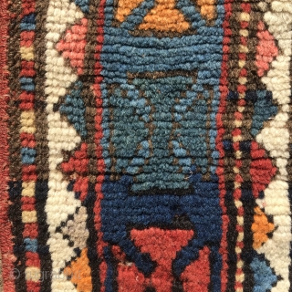 Charming, powerful Karabagh rug, a fireworks of joy, 218x128cm. Full pile, all endings original, gently washed. Some small holes, easy to repair.           