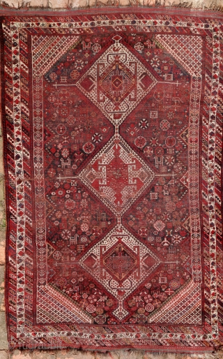 Antique Khamseh rug, 236x152, natural colours, even low pile, condition as to be seen, carefully washed, ready to share his soul with you.          