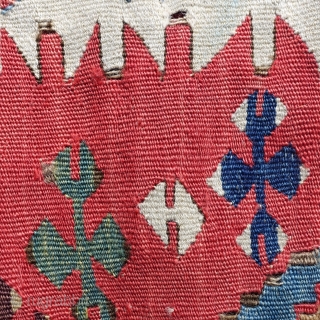 3 Anatolian kilim fragments, 1850-1870, beautiful old colours, 4 shades of red including cochinel and the queen of madder dye, a mellow, rosy, rasberry red, deep violet and fresh spring green. Very  ...