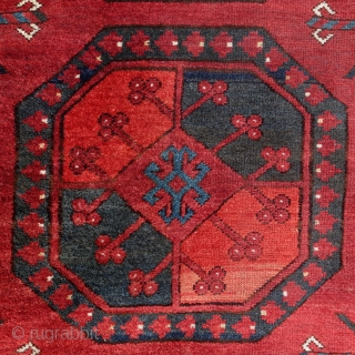 Antique Ersari rug, 284x234cm, glowing, saturated colours, with beautifully drawn and unusually simple secondary gols. Lots of lazy lines, goat hair warps. Condition as to be seen, mostly good pile, some areas  ...