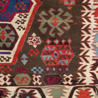 Antique Nigde kilim, mid to last quarter of 19th century, 350X160cm. Fabulous, saturated colours, lustrous wool. Alas it has been cut in the middle to be used as 4 fragments, some tiny  ...