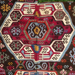 Antique Nigde kilim, mid to last quarter of 19th century, 350X160cm. Fabulous, saturated colours, lustrous wool. Alas it has been cut in the middle to be used as 4 fragments, some tiny  ...