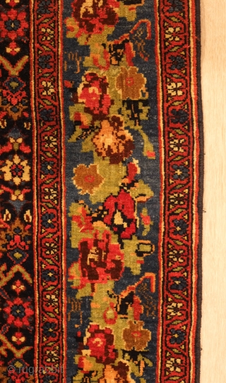Bijar Rug, early 1900s.  Wonderful Frangi border with a beautiful green.  Central medallion with pendants over a field full of florals.  Very soft wool.  134 x 211 cm 