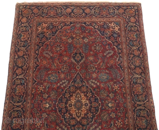Antique Kashan Carpet, ca. 1930's
4' x 6'9"
Low wool pile on cotton foundation. Very fine hand knotted rug. Field with central complex multicolor medallion with extensions and floral palmette design on ruby red  ...