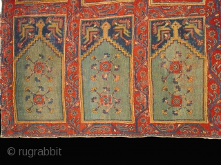 Ushak region carpet fragment of a large mosque prayer carpet with three rows of three prayer niches, late 18th century, 400cm high and 245cm wide. Condition: good overall even pile.
Compared to most  ...