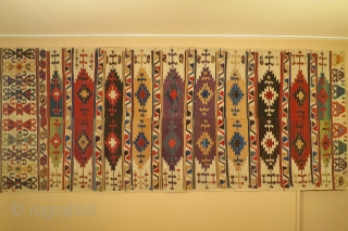 Kilim woven in two pieces patterned with 10 bands containing double niche saf type motifs/designs, Central Anatolia, 155 x 370cm, before 1800, published in Early Turkish Tapestries, by B.Frauenknecht,pl 39, 1984. The  ...