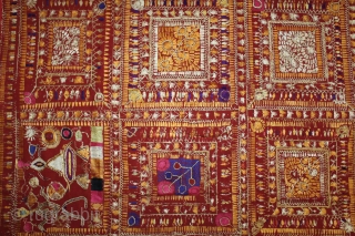 Folk Art of Punjab, Phulkari From East(Punjab)India Called As Folk phulkari.Proper Samalsar, kotkapura of Punjab India.C.1900. Rare Figurative Design. Floss Silk on Hand Spun Cotton khaddar Cloth.Its size is 130cm x 256cm.(DSL05050). 