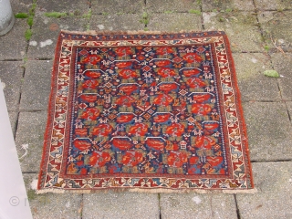 wonderful fine, antique 1880 kamseh, square small rug, some old mothbite, a few less than fingertip holes, no stains, superbe all natural colors

87x87cm
2.9x2.9ft          