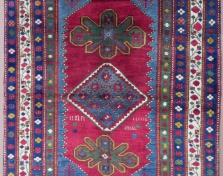 Caucasian Lambalo Kazak Rug, Excellent Condition, full pile, no repairs, Inscripted, dates back to  second half 19th century. 7.3 x 5.2 ft (206x149 cm).        
