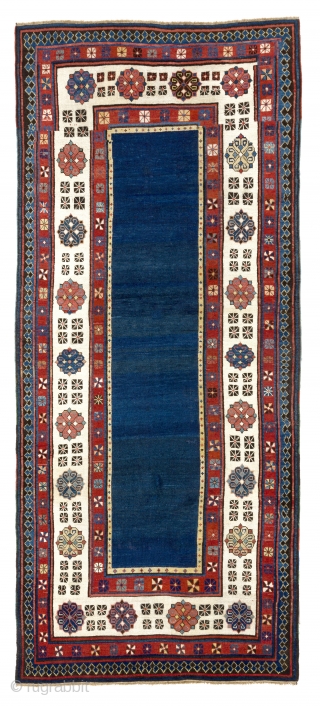 Talish long Rug with an original solid indigo blue ground, SE Caucasus, 19th Century. 3.5 x 7.8 Ft  (103x234 cm, A129)           