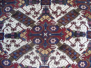 Caucasian Seichur Rug with so called St Andrew`s crosses, 7.1x4.1 ft (218x125 cm), good condition and colours, Full velvety wool pile on wool foundation, original ends and sides, late 19th Century.   ...