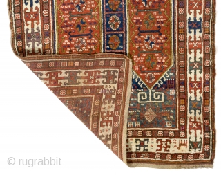 Antique Caucasian long Rug, 4.3 x 9.3 ft (126x282 cm). Very good condition with full pile, couple of dime size old repairs, otherwise all original including sides and braided ends. Ca late  ...