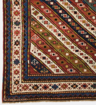 Antique Caucasian Karabagh Kazak Rug with colorful diagonal stripes. 
4.6x7.1 Ft (138x217 cm, inventory no: 4324). Ca late 19th Century, good original condition.          