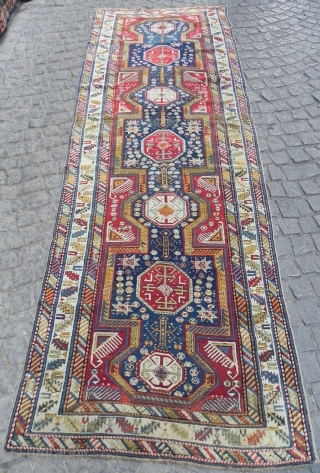 Just out of a European Estate! A powerful and extraordinarily well preserved antique Caucasian Shirvan Runner rug in German condition; all original, with full thick pile, not washed, not restored. 3.9x10.10 ft  ...