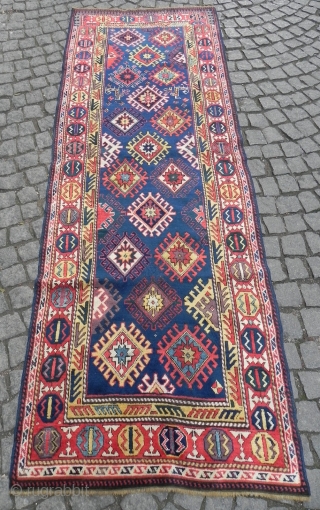 A Distinctive Antique Caucasian Kazak Runner with beautiful colors and soft lustrous wool, 3.4x9.4 ft (104x287 cm), late 19th century.             