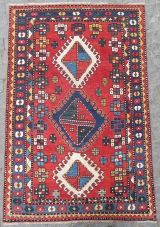 A Cute little Caucasian Kazak Rug; bold, somewhat primitive, very dynamic and beautiful.  3.8 X 5.7 ft (116x174 cm), late 19th century, just washed professionally, in excellent original condition. Acquired from  ...