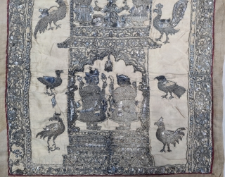 Very Rare Temple Hanging Illustrates the Jain Concepts of a Heavenly Mansion where eternal rejoicing awaits the Devotee.
Real Zari Silver Gilt Threads Embroidery on the Silk. From the Gujarat, India. India.

 C.1850-1875  ...
