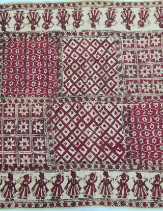 Ceremonial Jajam Block Print, Hand-Drawn Mordant- And Resist-Dyed Cotton, From Rajasthan  India.  

This is for a Dowry , 
Its an Indian tradition of the bridal family gifting the bride-groom. 
C.1875-1900.  ...