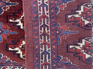 SOLD!!Colorful, large, and beautiful Yomud chuval. 4’1” X 2’10”.  144 kpi. Super nice blue green, dark navy, natural brown, and no dye transfer in the red as can be seen. Full  ...