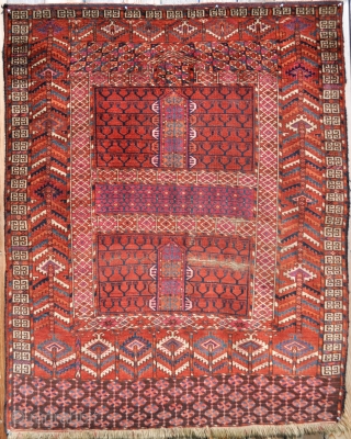 Tekke Ensi with wonderful drawing, brilliant natural colors, fine weave, many unusual early features/motifs, 19th c. - 4'4 x 5'4 ft. - 142 x 162 cm. no repairs done, not dirty but ...