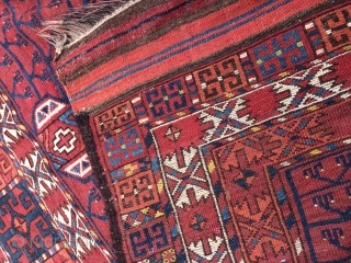 Lovely Antique Ersari Ensi. ca.1880. 60"x 82" (including kilim ends)
Good pile over all. Great color. No stains. A few old touch ups on the selvage and a couple of old knots in  ...
