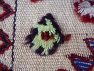 Another "boucherouite", Qashqai style. Mainly wool with some achrylic in loud colours (acid green and electric blue), very 1960s!. Nice checkered border and loads of tufts. Clean and in very good condition. ...