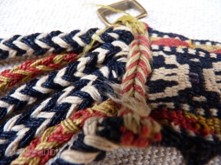 Very finely and tightly woven Qashqai Kashkuli horse band. Nice colours. The tassels are original to the band (some missing). Stock: 2605. Size 62x4 cms
