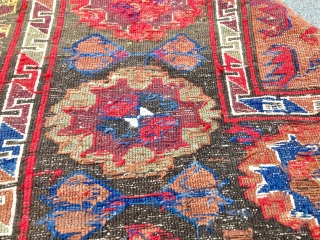 Old Caucasian Lesghi Star Soumak with rich palette of colors, 212x284 cm (6’11”x9’4”). Lot of small repairs needed, but no holes, no moth damage!         
