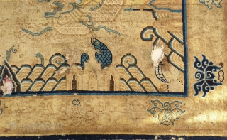 very rare and exceptional fragment of a chinese ming-qing transitional imperial carpet.design and  technic based on ming era palace carpet. the large scale main border with lotos flower design is a  ...
