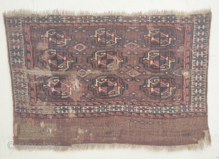 turkmen chuval,yomudish,battered,very odd drawing, some red wefts,some cotton wefts, old repairs, ...                     