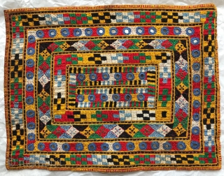 Finely embroidered double-sided bag, collected in Afghanistan, 30 x 23 cms, probably about 40 or 50 years old, the base is a red cotton fabric, embroidery thread feels like some kind of  ...